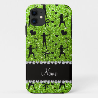 Aangepaste naam neongroene glitterarchie iPhone 11 hoesje