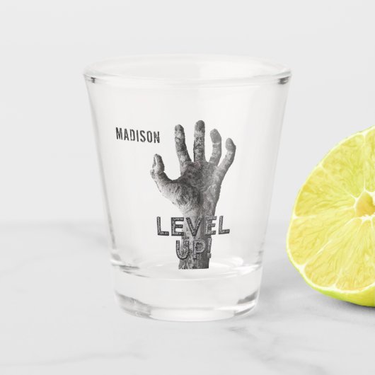 Aangepaste naam "Niveau Up" Zombie Hand schot glas (Voorkant)