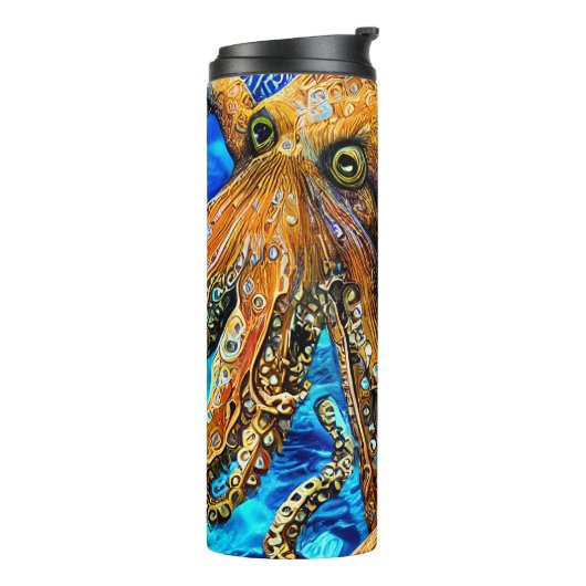 Aangepaste naam Octopus Blue Ocean Wave Minimalism Thermosbeker (Gedraaid links)