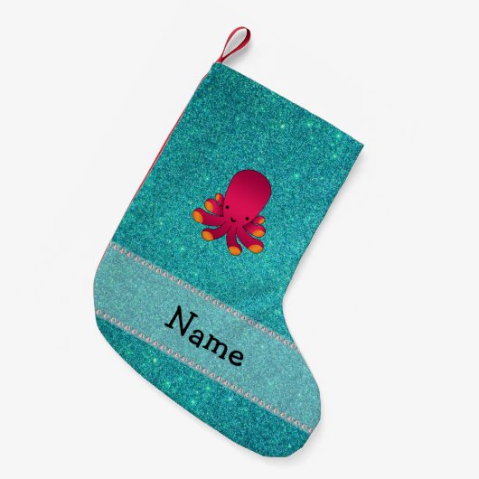 Aangepaste naam octopus turquoise glitter kleine kerstsok (Voorkant (Hangend))