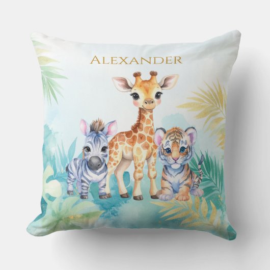 Aangepaste Naam Oerwoud Baby Zebra Giraffe en Tijg Kussen (Voorkant)