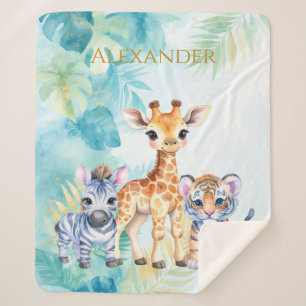 Aangepaste Naam Oerwoud Baby Zebra Giraffe en Tijg Sherpa Deken