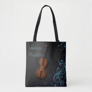 Aangepaste naam of bericht Cello op zwart & Turquo Tote Bag