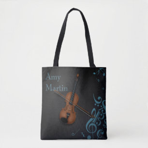 Aangepaste naam of Bericht Viool op Zwart & Turquo Tote Bag