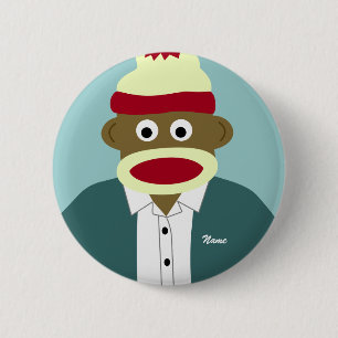 Aangepaste naam of Monogram Sock Monkey Boy Ronde Button 5,7 Cm
