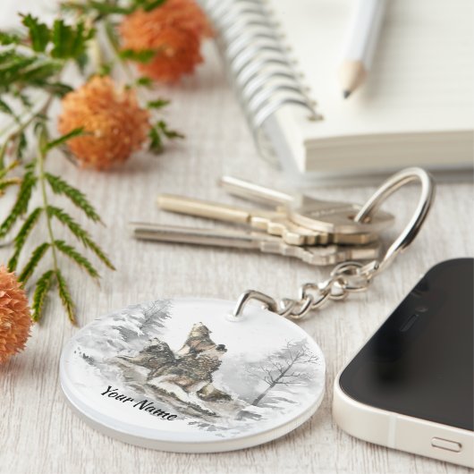 Aangepaste naam of tekst Wolf Friends Howling Sleutelhanger (Voorkant Rechts)