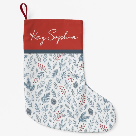 Aangepaste naam op botanische Holly Berry patroon Kleine Kerstsok (Voorkant)