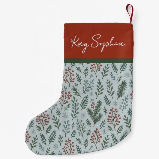 Aangepaste naam op botanische Holly Berry patroon Kleine Kerstsok (Achterkant)