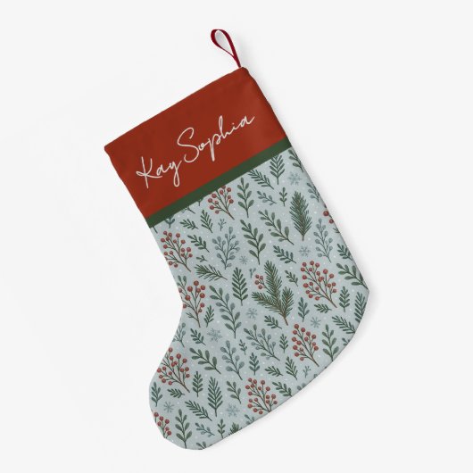 Aangepaste naam op botanische Holly Berry patroon Kleine Kerstsok (Achterkant (Hangend))