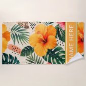 Aangepaste naam op levendig tropisch hibiscus bloe strandlaken (Voorkant)