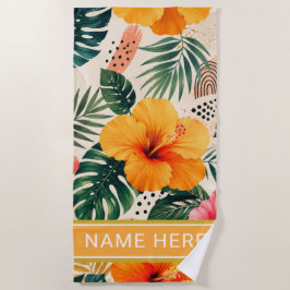 Aangepaste naam op levendig tropisch hibiscus bloe strandlaken