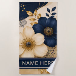 Aangepaste naam op marineblauwe en gouden botanisc strandlaken