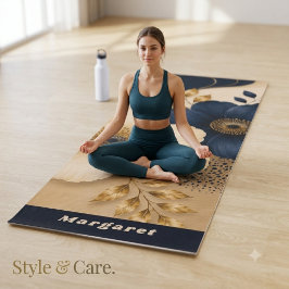 Aangepaste naam op marineblauwe en gouden botanisc yogamat