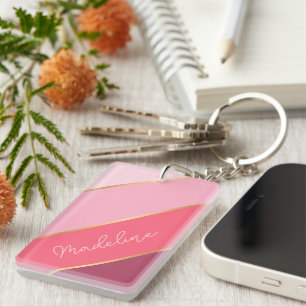 Aangepaste naam op mooie pastel roze blos strepen sleutelhanger