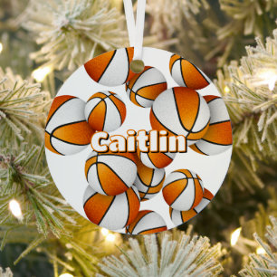 Aangepaste naam op oranje witte basketballen Keeps Metalen Ornament