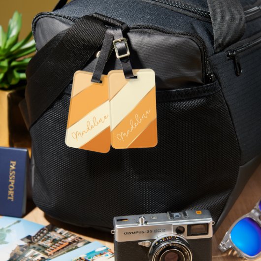 Aangepaste naam op  zomergele Oranje strepen Bagagelabel (Voorkant /achterkant)