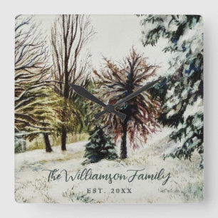 Aangepaste naam Oprichtingsjaar Aquarel Winter Nat Vierkante Klok
