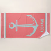 Aangepaste naam Oranje en Licht Mint Anchor Strandlaken (Voorkant)