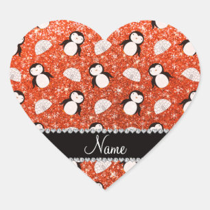 Aangepaste naam oranje glitterpinguïns igloos hart sticker