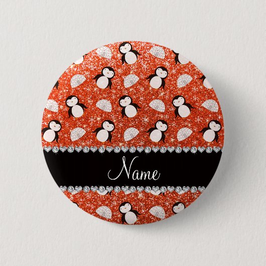 Aangepaste naam oranje glitterpinguïns igloos ronde button 5,7 cm (Voorkant)