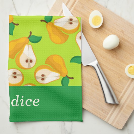 Aangepaste naam oranje peren op groen theedoek (Quarter Fold)