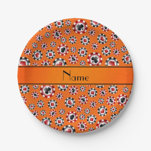 Aangepaste naam oranje pokerchips papieren bordje (Voorkant)