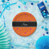 Aangepaste naam oranje roze poka-punten papieren bordje (Feest)