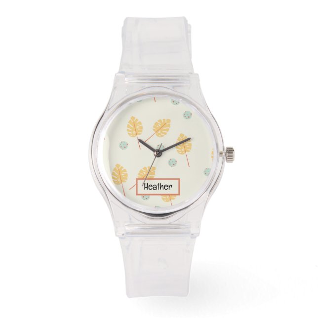 Aangepaste naam oranje tropische bladeren crème horloge (Voorkant)