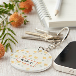 Aangepaste naam oranje tropische bladeren crème sleutelhanger
