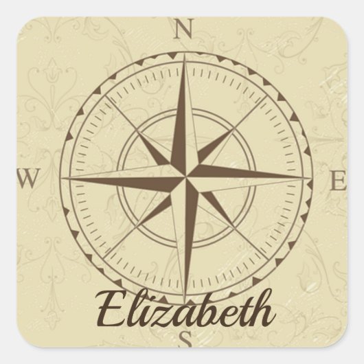 Aangepaste naam Oude Nautical Compass Map Brown St Vierkante Sticker (Voorkant)