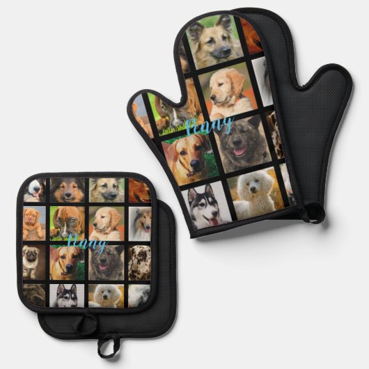 Aangepaste naam Oven handschoen met honden Ovenwant & Pannenlap Set (Voorkant / Achterkant)