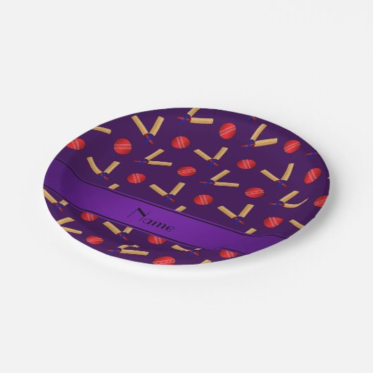 Aangepaste naam paars cricketpatroon papieren bordje (Gekanteld)
