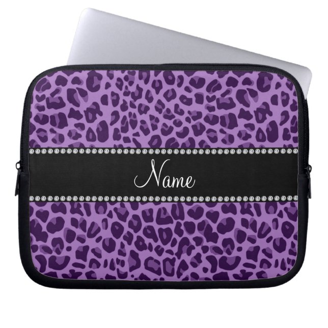 Aangepaste naam paars leopard patroon laptop sleeve (Voorkant)