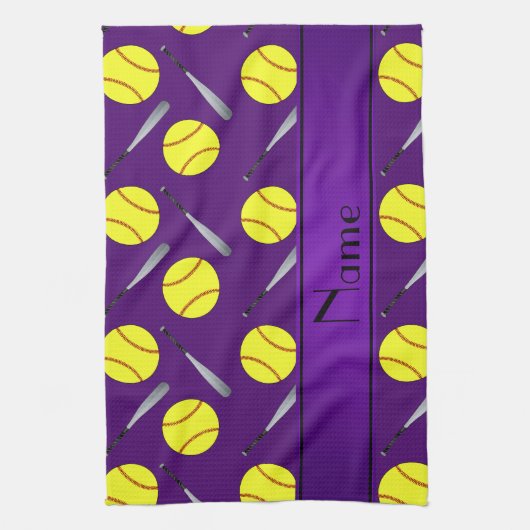 Aangepaste naam paars softballpatroon theedoek (Verticaal)
