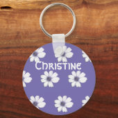 Aangepaste naam Paarse bloempatroon Button Belangr Sleutelhanger (Voorkant)