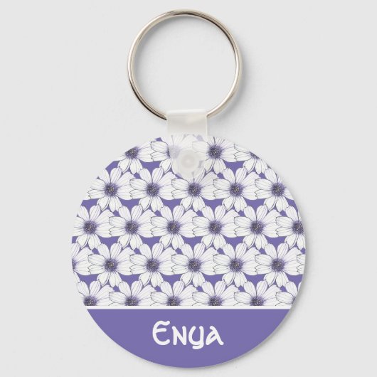 Aangepaste naam Paarse bloempatroon Button Belangr Sleutelhanger (Voorkant)
