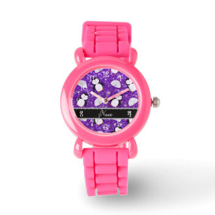 Aangepaste naam paarse glitter pinguïns igloos horloge