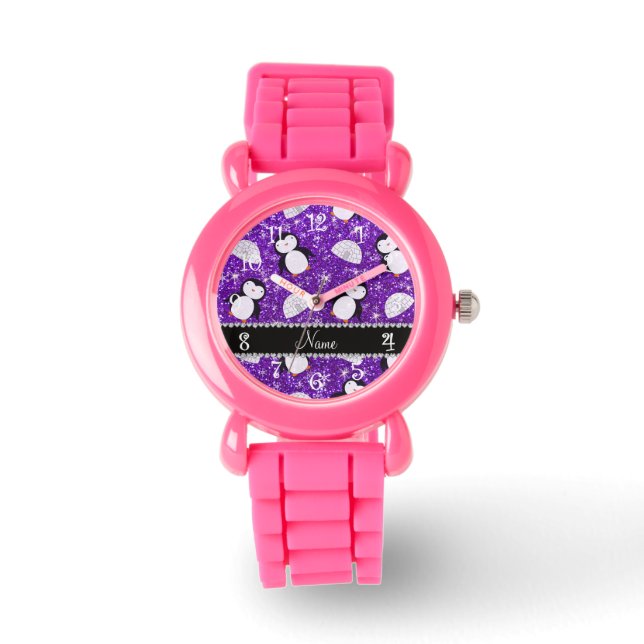 Aangepaste naam paarse glitter pinguïns igloos horloge (Voorkant)