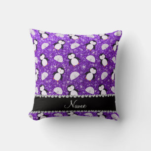 Aangepaste naam paarse glitter pinguïns igloos kussen