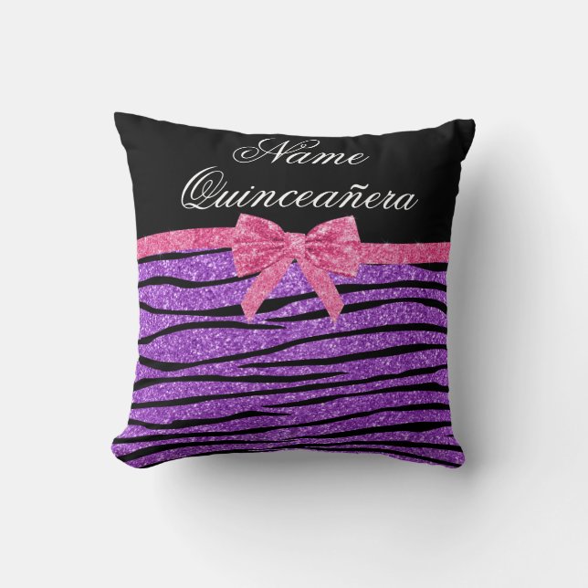 Aangepaste naam paarse glitter zebra quinceañera kussen (Voorkant)