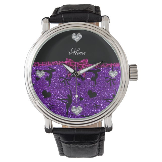 Aangepaste naam paarse glittergymnastiek roze boog horloge (Voorkant)