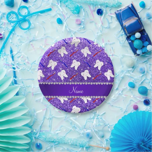 Aangepaste naam paarse glitterpenselen en tand papieren bordje (Feest)