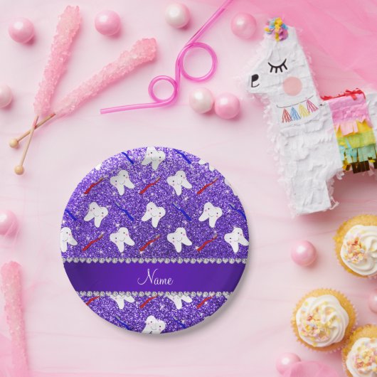 Aangepaste naam paarse glitterpenselen en tand papieren bordje (Feest)
