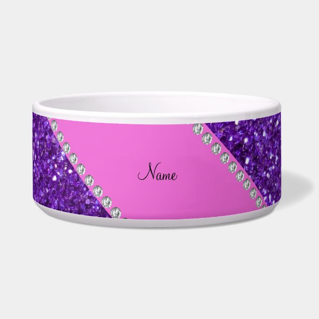 Aangepaste naam paarse glitterroze diamanten voerbakje (Voorkant)