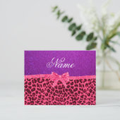 Aangepaste naam paarse glitterroze leopleboog briefkaart (Staand voorkant)