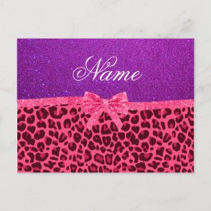 Aangepaste naam paarse glitterroze leopleboog briefkaart