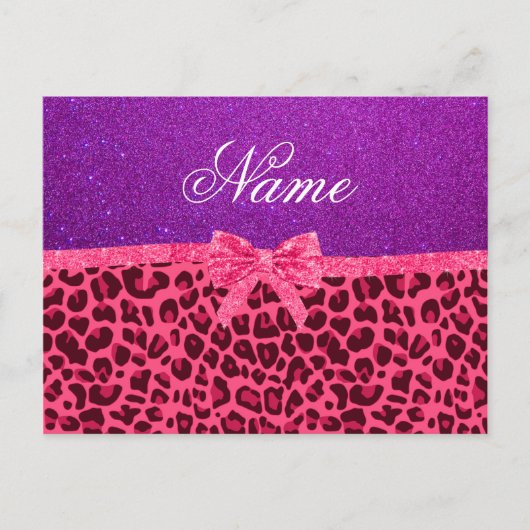 Aangepaste naam paarse glitterroze leopleboog briefkaart (Voorkant)