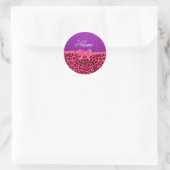 Aangepaste naam paarse glitterroze leopleboog ronde sticker (Tas)