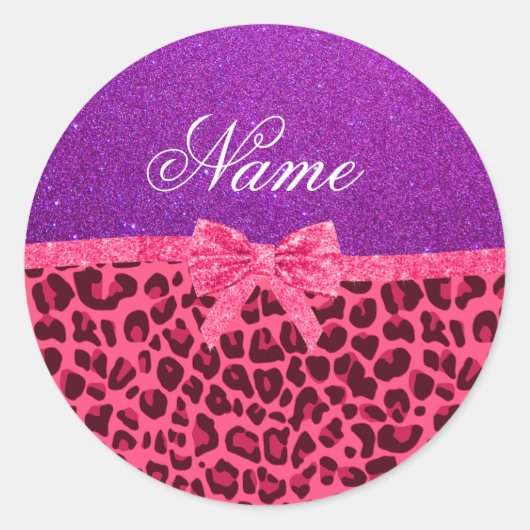 Aangepaste naam paarse glitterroze leopleboog ronde sticker (Voorkant)