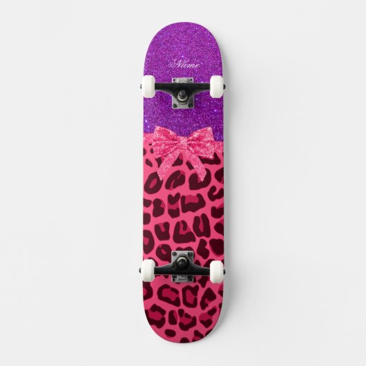 Aangepaste naam paarse glitterroze leopleboog skateboard (Voorkant)